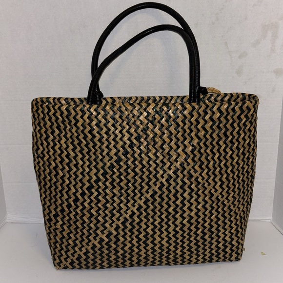 LAUREN RALPH LAUREN BLACK AND TAN WOVEN TOTE BAG MINI TOTE ATTACHED PRELOVED - Picture 1 of 16